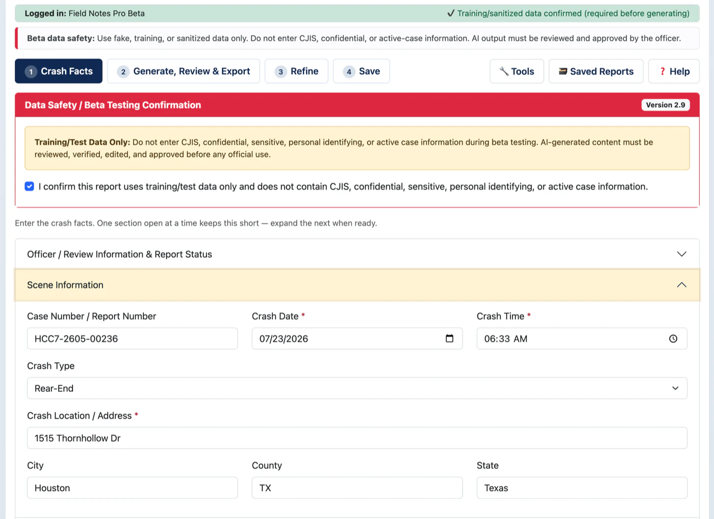 Crash Narrative entry screen showing the Data Safety and Beta Testing Confirmation gate: a Training/Test Data Only warning and a checked confirmation that the report holds no CJIS, confidential, sensitive, personal identifying or active case information, above the scene information fields.