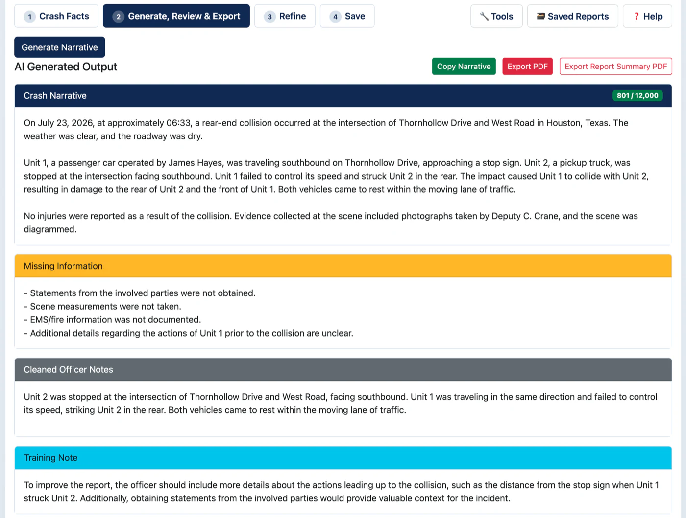 Crash Narrative output screen: a generated rear-end collision narrative, a Missing Information panel listing unobtained party statements, missing scene measurements and undocumented EMS or fire information, a Cleaned Officer Notes panel, and a Training Note suggesting the officer add the distance from the stop sign and obtain statements.